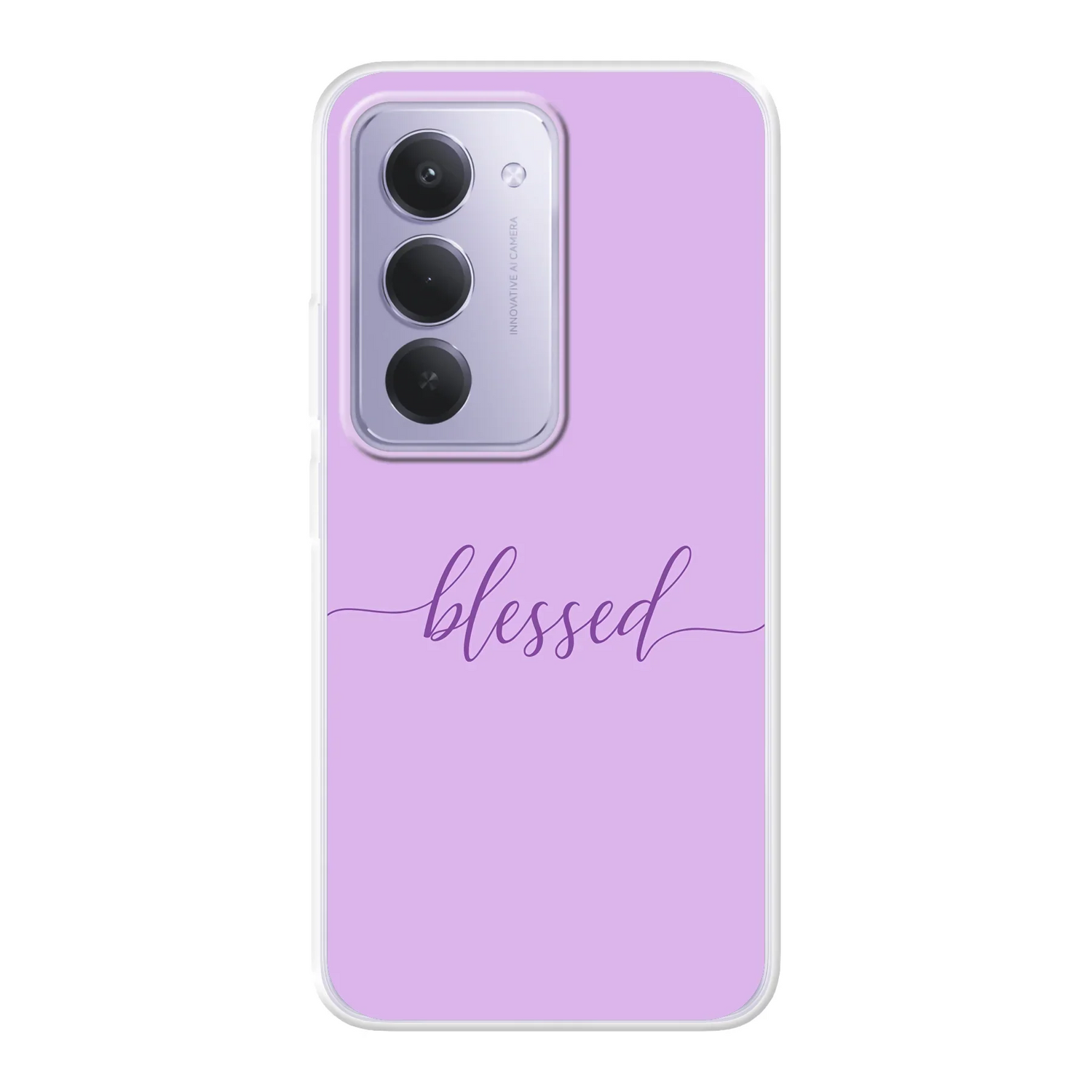 Lila softcase telefoonhoesje met de tekst “Blessed” – christelijk design dat herinnert aan Gods zegen.