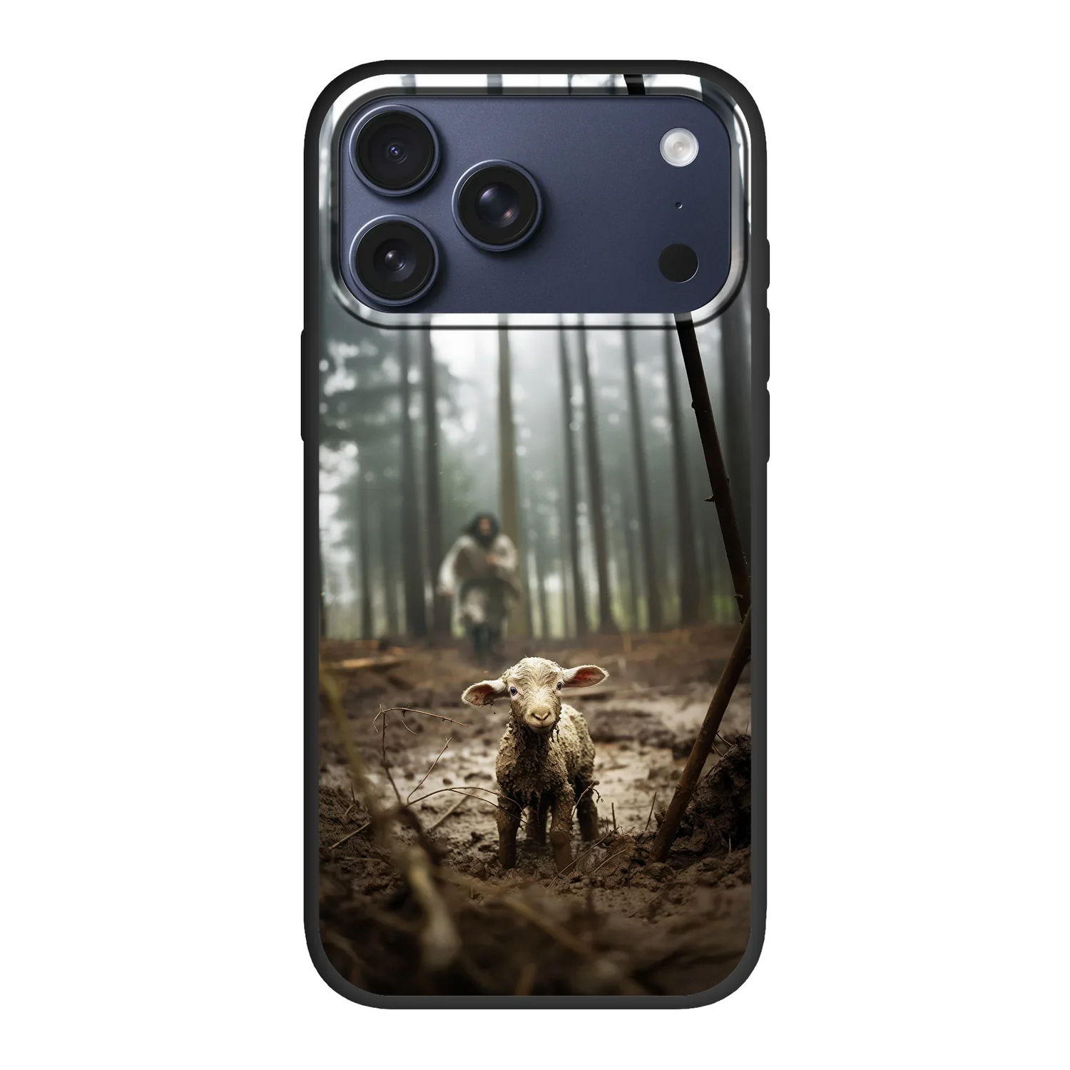 Duurzaam eco-telefoonhoesje met Jezus en het verloren schaap – milieuvriendelijke bescherming met een diepe boodschap.
