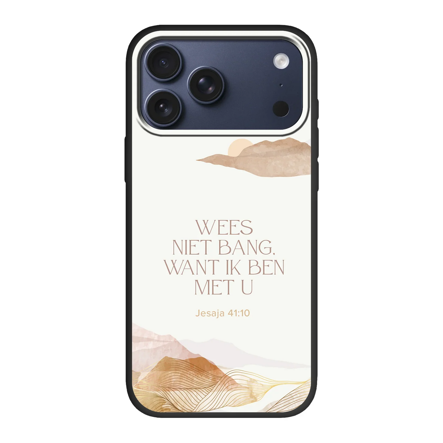 Duurzaam eco-telefoonhoesje met de tekst “Wees niet bang” (Jesaja 41:10) en aquarel bergen – milieuvriendelijke bescherming met bemoedigende bijbeltekst.