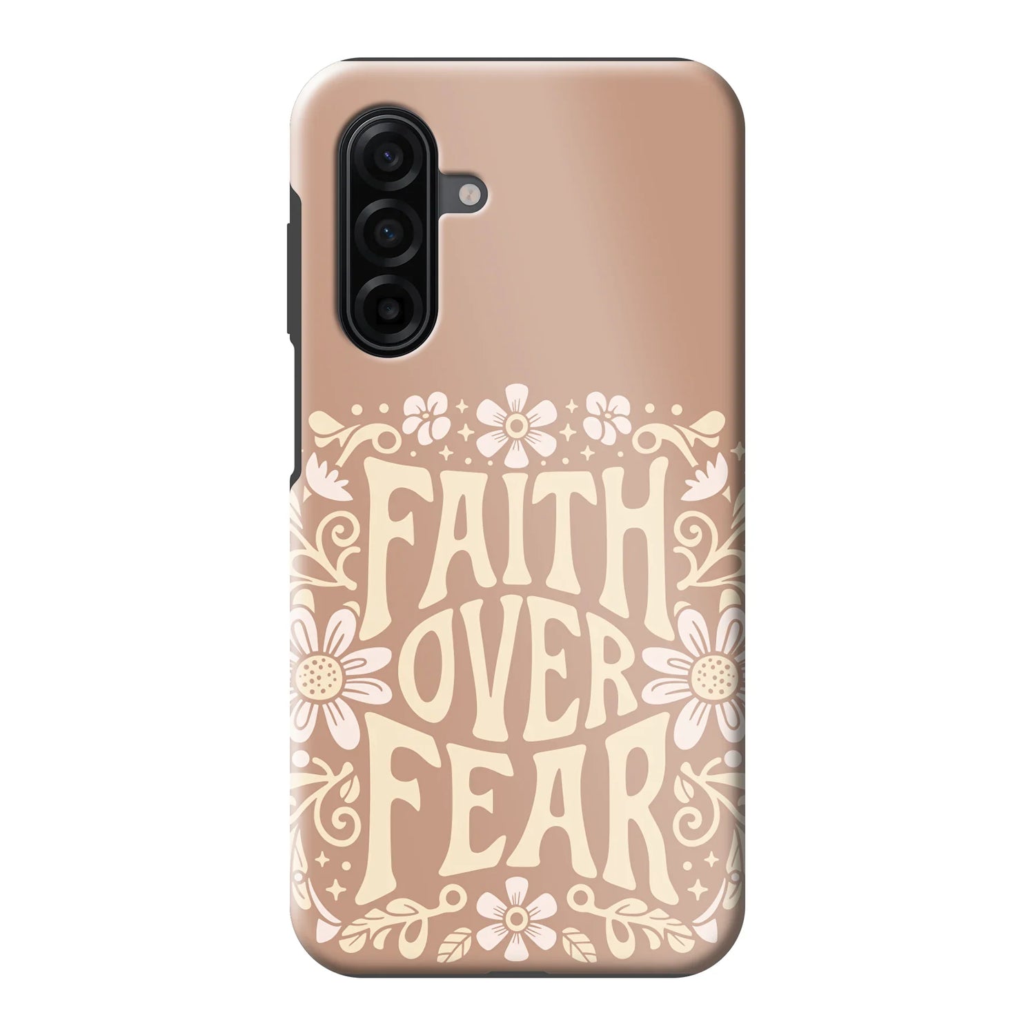 Hardcase telefoonhoesje met krachtige boodschap “Faith over Fear” – Johannes 14:27 – stevige bescherming met een inspirerende bijbeltekst over vrede.