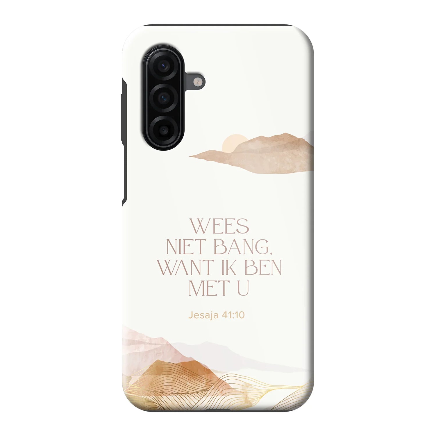 Hardcase telefoonhoesje met bijbeltekst Jesaja 41:10 – “Wees niet bang” – symbolisch ontwerp met bergen en licht, dagelijkse herinnering aan Gods nabijheid.