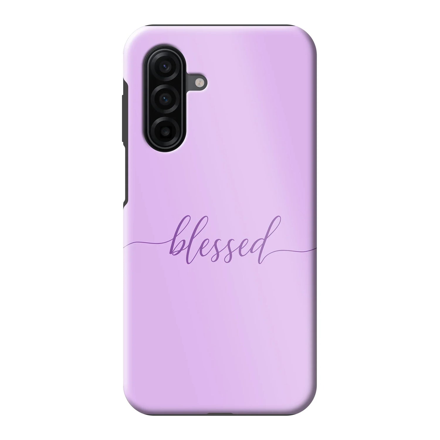 Stijlvol hardcase telefoonhoesje met paarse tekst “Blessed” op lila achtergrond – stevige bescherming en geloofsboodschap in één.