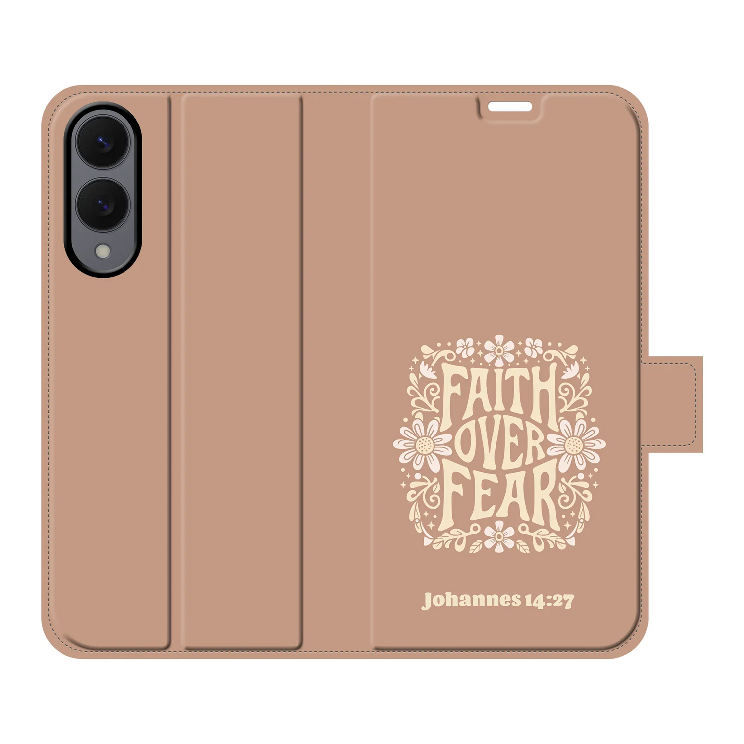 Christelijk portemonnee hoesje met de tekst “Faith over Fear”, gebaseerd op Johannes 14:27 – praktisch ontwerp met ruimte voor pasjes en een bemoedigende boodschap.