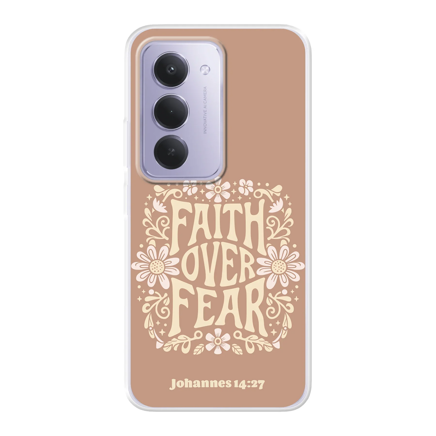 Softcase telefoonhoesje met de tekst “Faith over Fear” geïnspireerd door Johannes 14:27 – stijlvol christelijk ontwerp dat herinnert aan Jezus’ vrede.