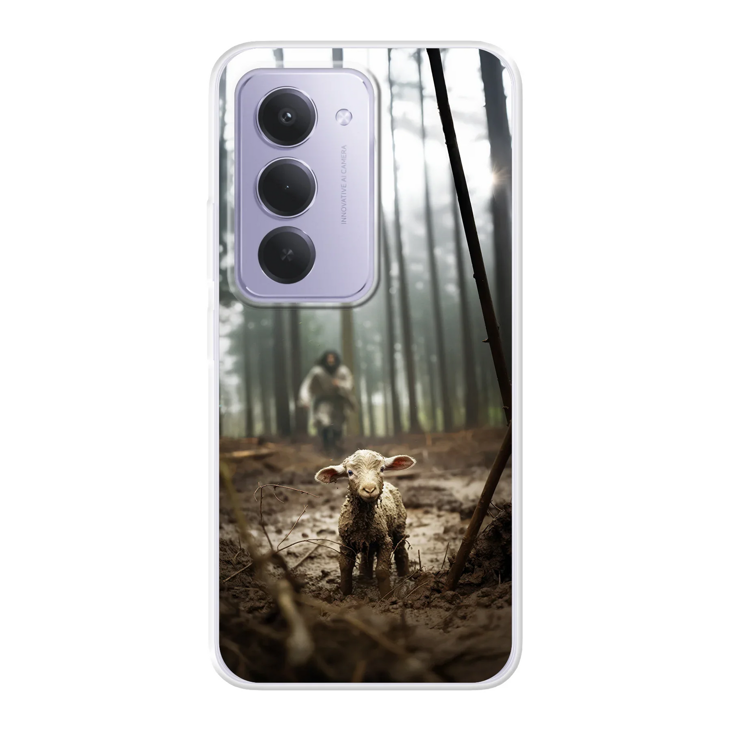 Softcase telefoonhoesje met christelijk ontwerp van Jezus en het verloren schaap – geïnspireerd op Lukas 15:4–7