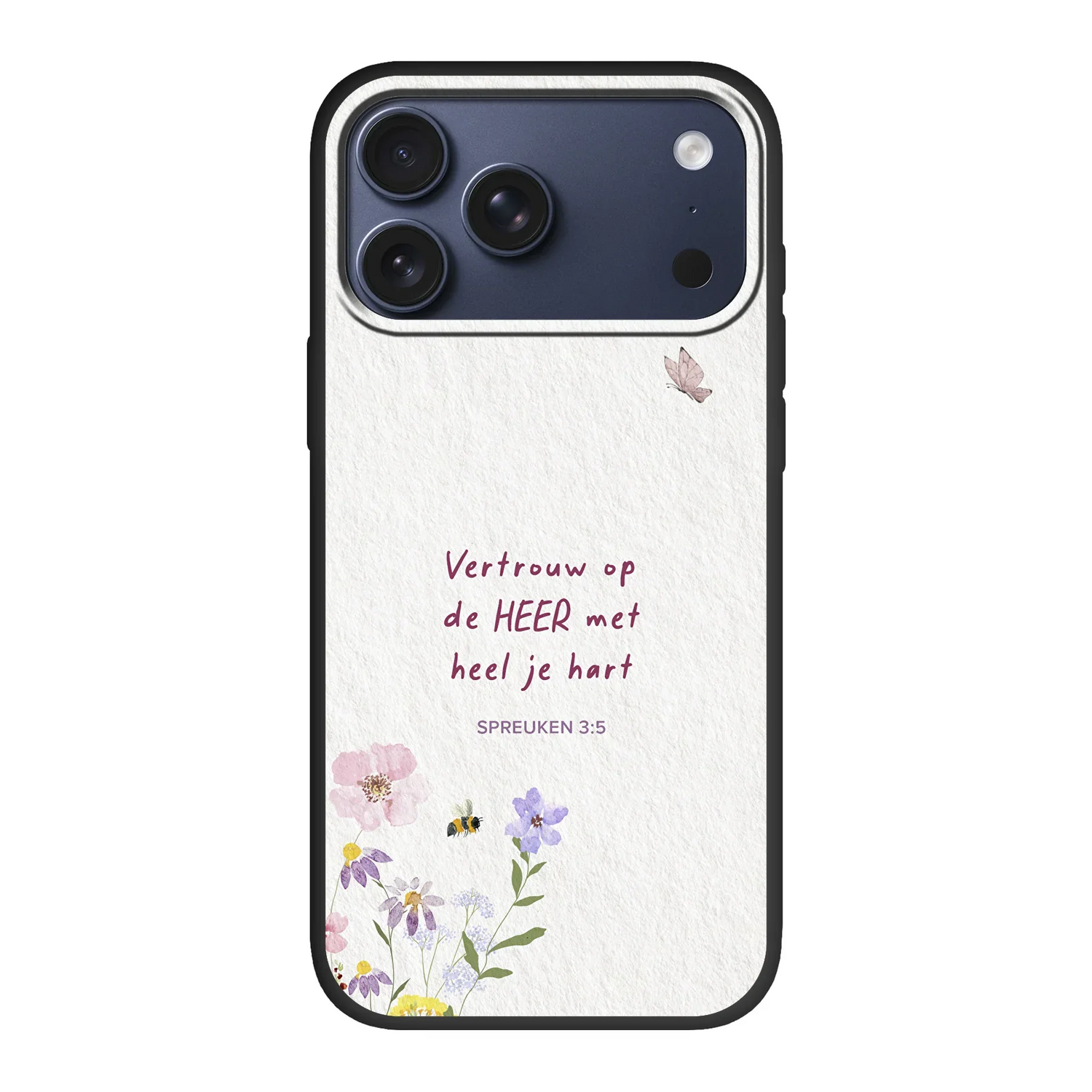Eco-hoesje telefoonhoesje met aquarel bloemen, bijtjes en vlinder – Spreuken 3:5 “Vertrouw op de HEER met heel je hart” – duurzaam en geloofsvol