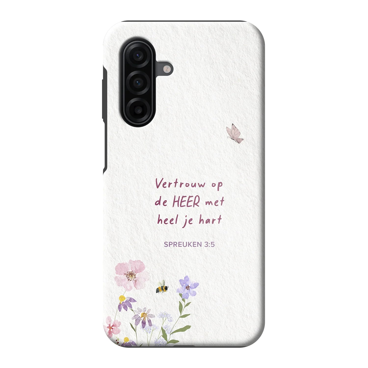 Hardcase telefoonhoesje met aquarel bloemen, bijtjes en vlinder – Spreuken 3:5 “Vertrouw op de HEER met heel je hart” – geloof en inspiratie