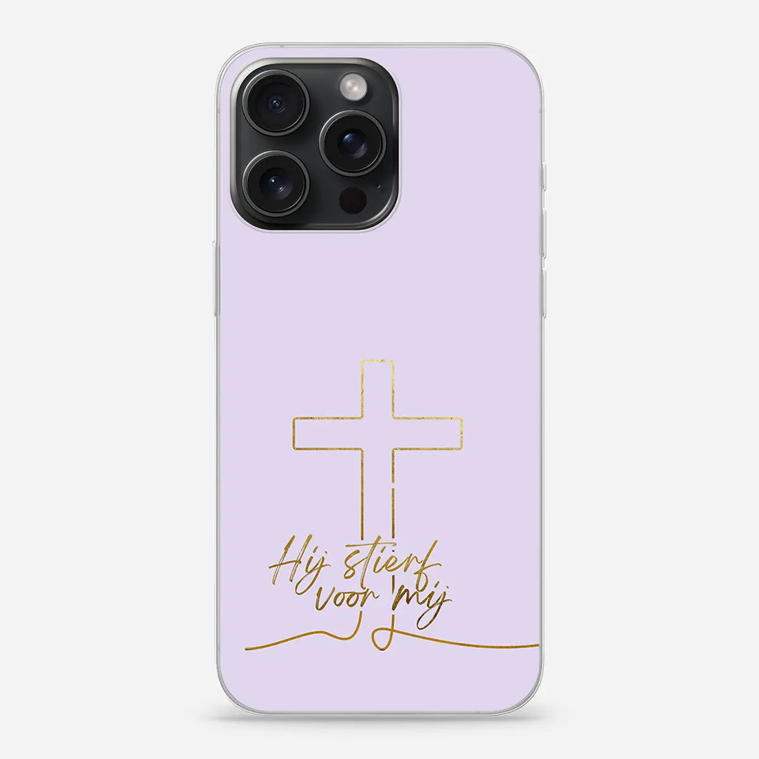 Softcase telefoonhoesje met de tekst “Hij stierf voor mij”, bladgoud letters op zachte roze achtergrond, stijlvol en betekenisvol