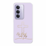 Softcase telefoonhoesje met de tekst “Hij stierf voor mij”, bladgoud letters op zachte roze achtergrond, stijlvol en betekenisvol