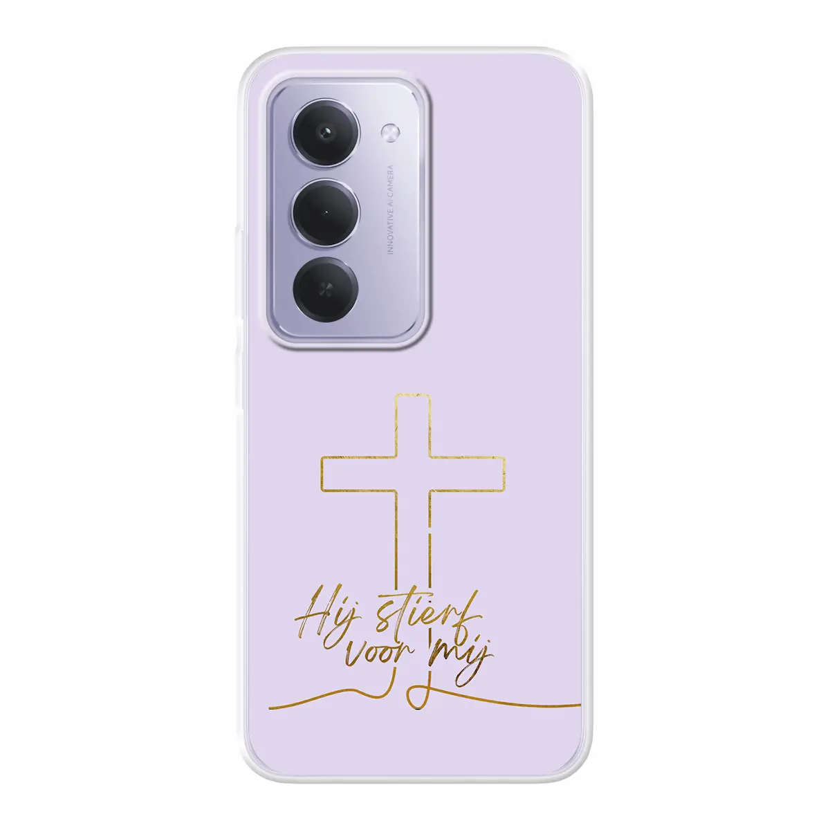 Softcase telefoonhoesje met de tekst “Hij stierf voor mij”, bladgoud letters op zachte roze achtergrond, stijlvol en betekenisvol