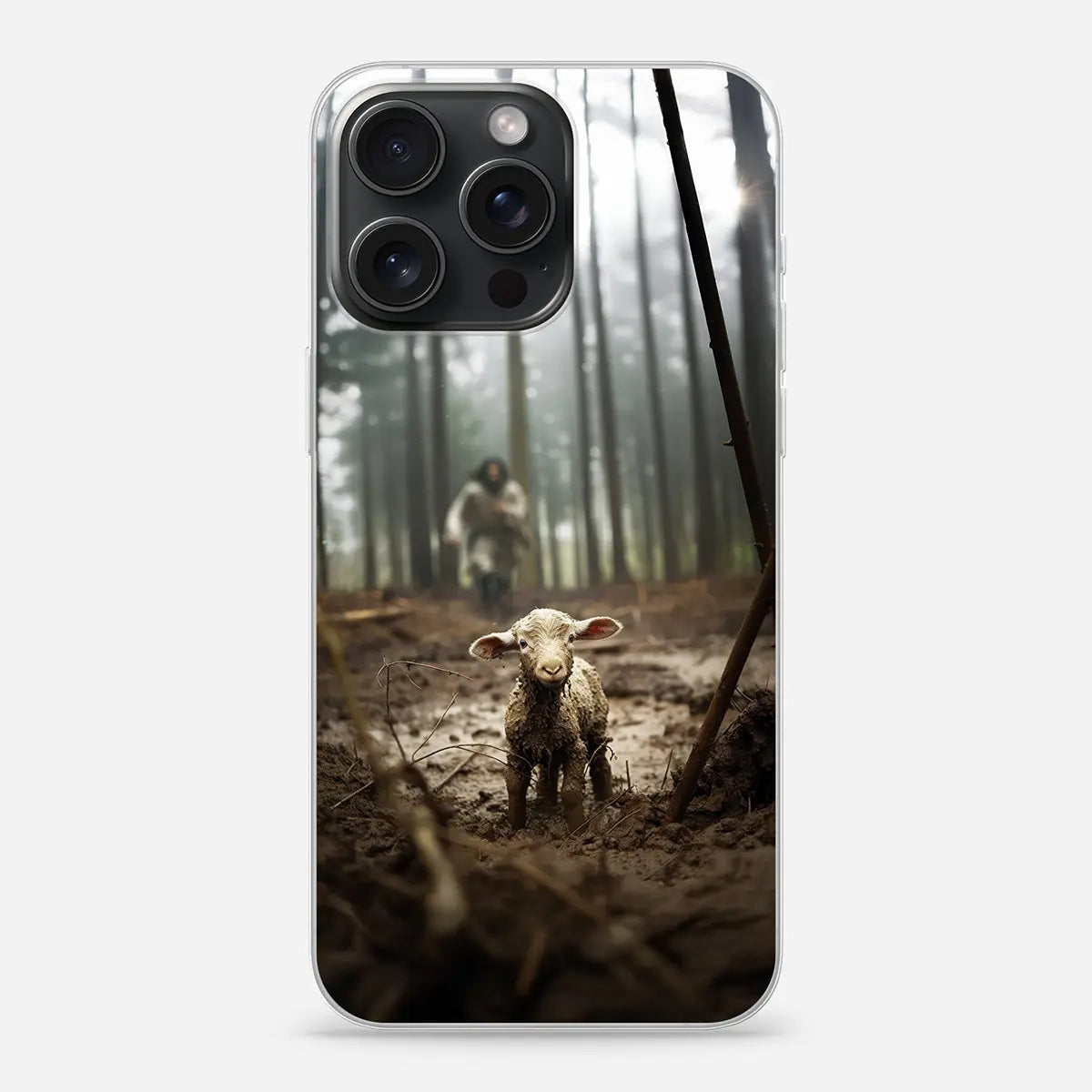 Softcase telefoonhoesje met christelijk ontwerp van Jezus en het verloren schaap – geïnspireerd op Lukas 15:4–7