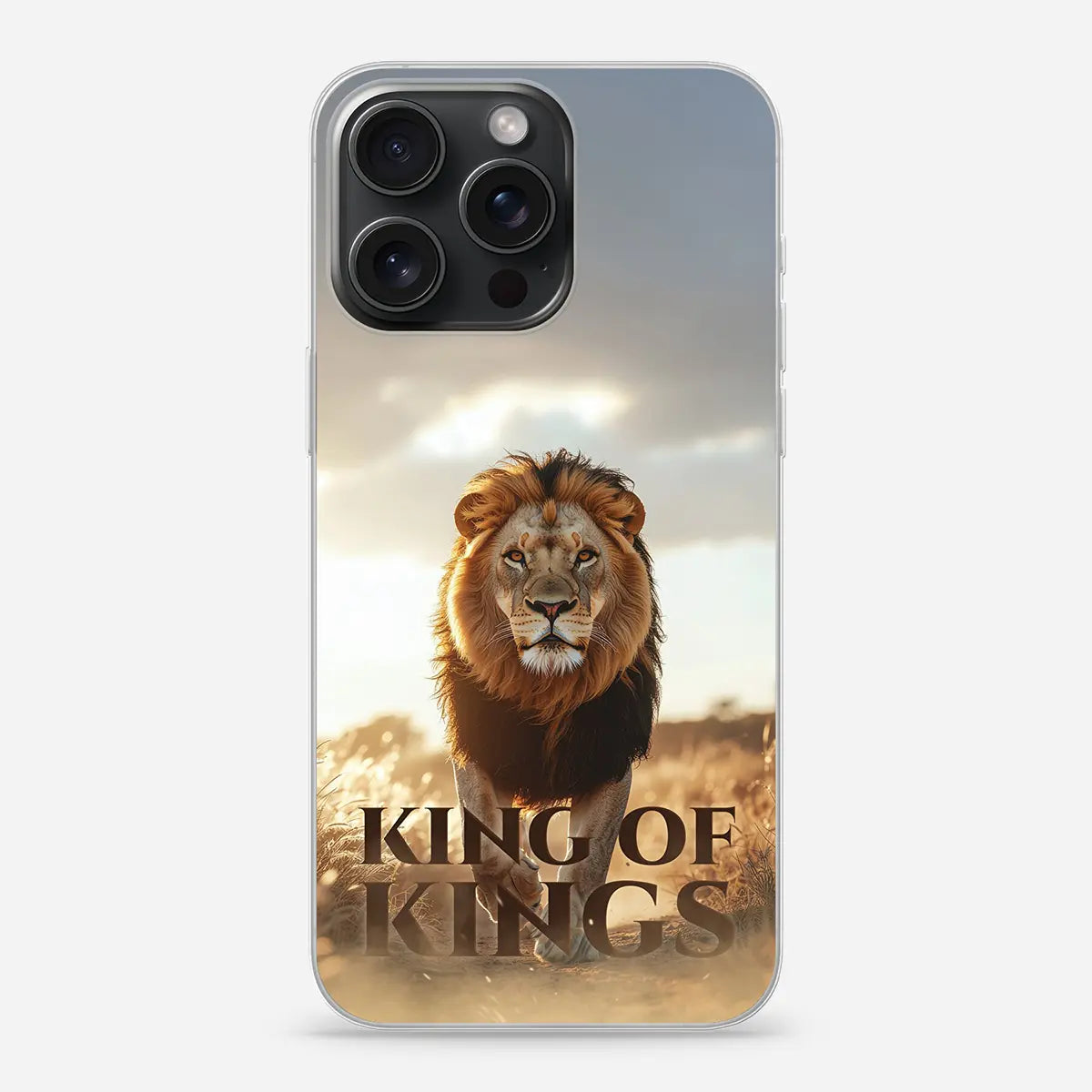 Christelijk telefoonhoesje King of Kings met serene illustratie en Bijbeltekst geïnspireerd op Openbaring 19:16