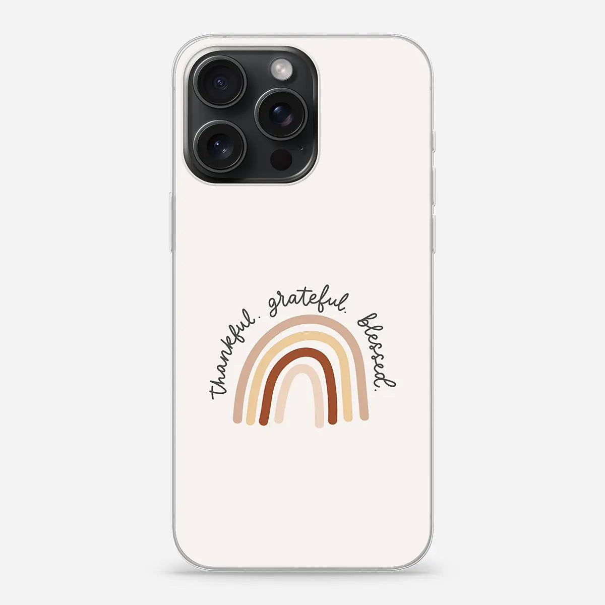 Softcase telefoonhoesje met de tekst “Thankful. Grateful. Blessed.” – stijlvol christelijk ontwerp dat dankbaarheid en geloof uitstraalt.