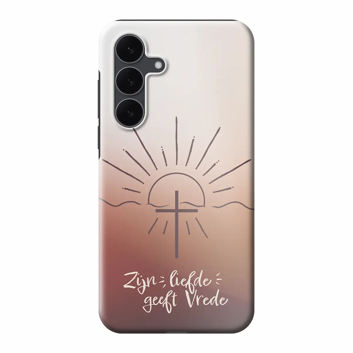 Stevig hardcase telefoonhoesje met christelijk ontwerp van kruis en opkomende zon, met handgeschreven tekst 'Zijn liefde geeft vrede'.