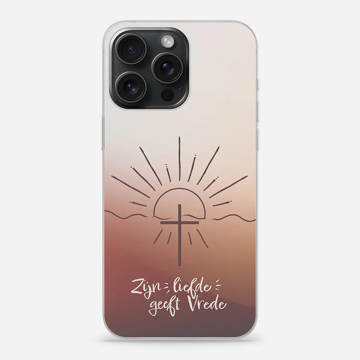 Christelijk softcase telefoonhoesje met ontwerp van kruis en opkomende zon, met tekst 'Zijn liefde geeft vrede' in warme bruine tinten.