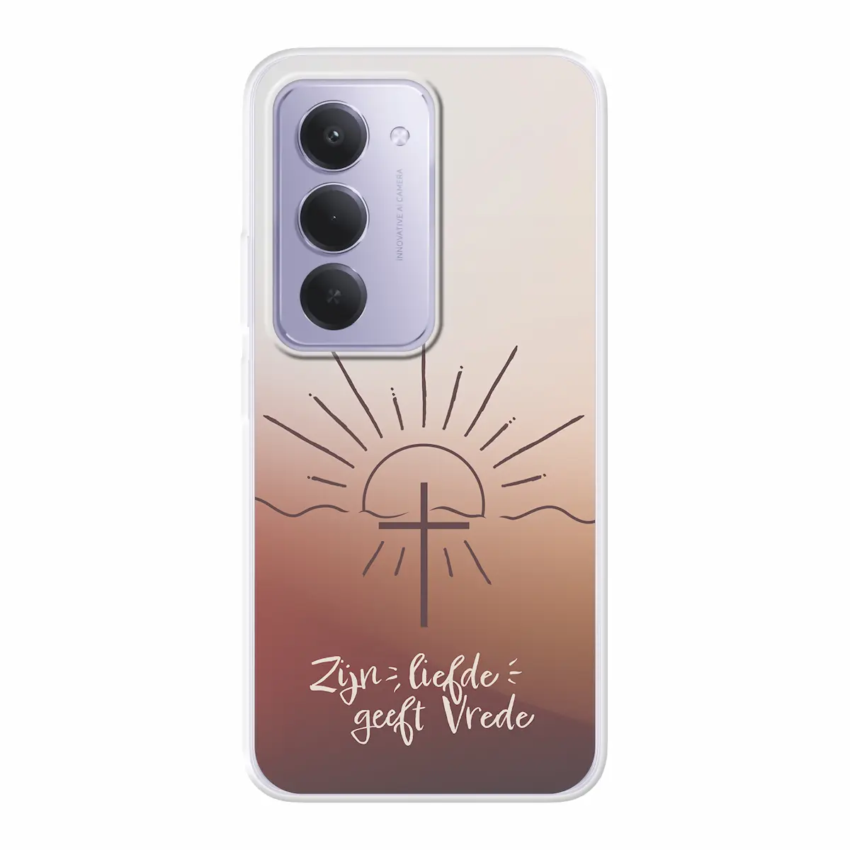 Christelijk softcase telefoonhoesje met ontwerp van kruis en opkomende zon, met tekst 'Zijn liefde geeft vrede' in warme bruine tinten.