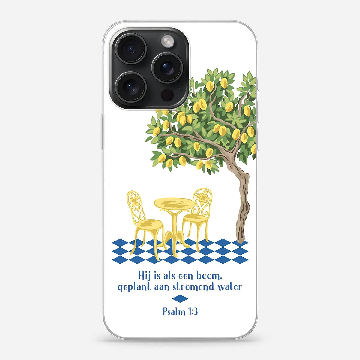 Christelijk softcase hoesje Aan stromend water Psalm 1:3 – mediterraan waterverf citroenboom design