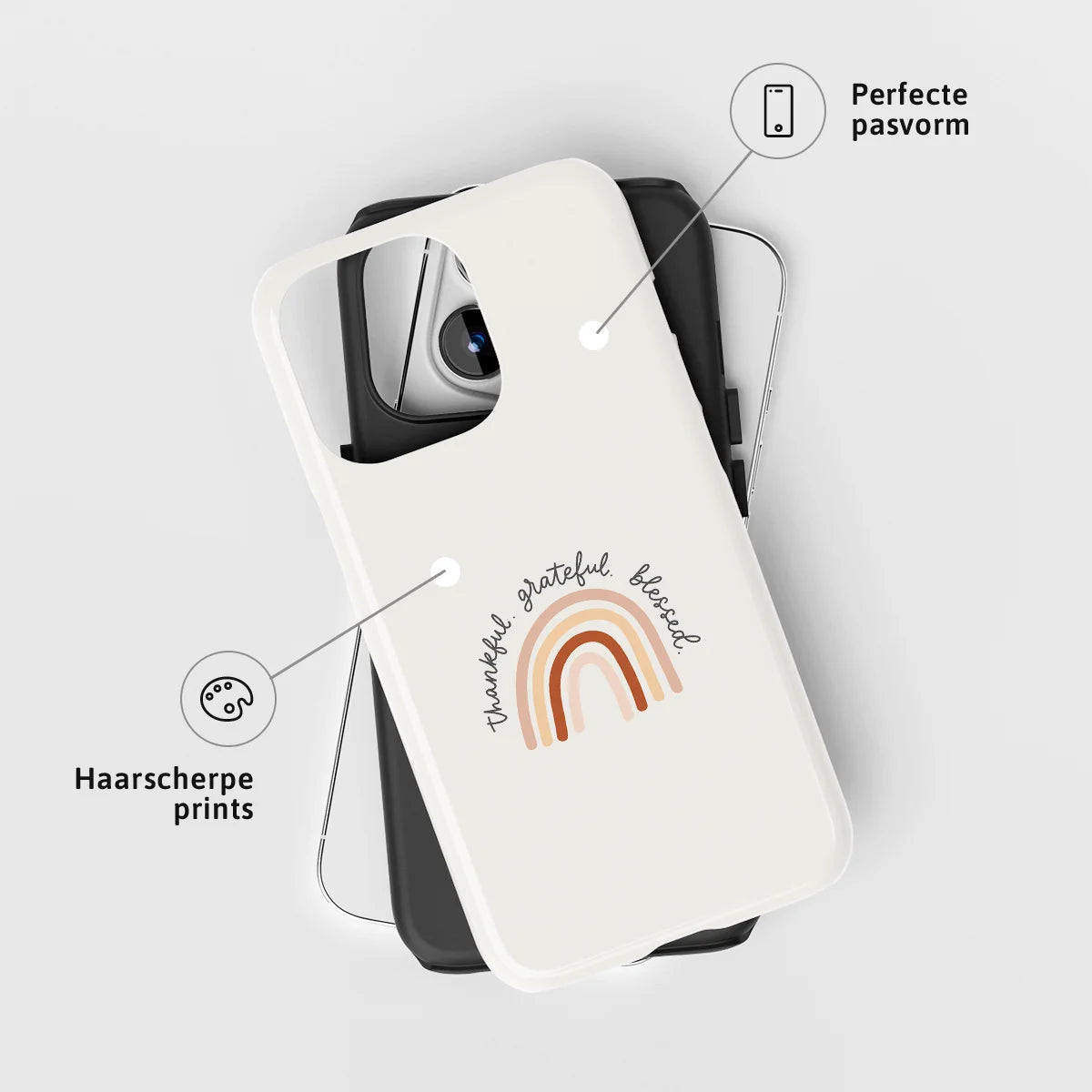 Christelijk toughcase telefoonhoesje met aardetinten regenboog design, perfecte pasvorm en haarscherpe print