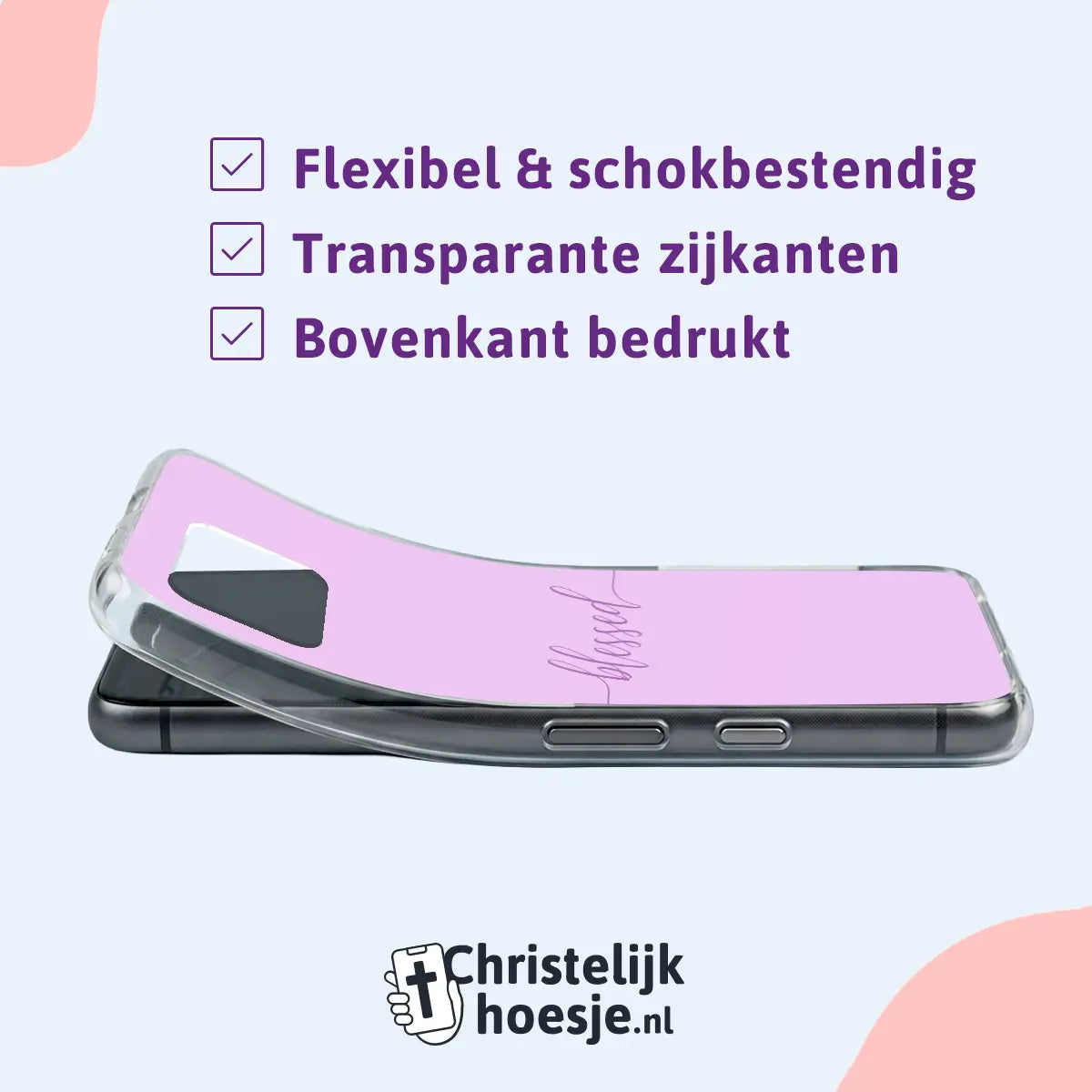 Christelijk telefoonhoesje softcase met tekst “Blessed”, transparante zijkanten en schokbestendige bescherming