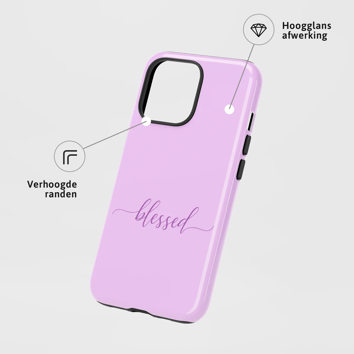 Christelijk toughcase telefoonhoesje ‘Blessed’ met hoogglans afwerking en opstaande randen