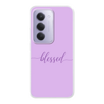 Lila softcase telefoonhoesje met de tekst “Blessed” – christelijk design dat herinnert aan Gods zegen.