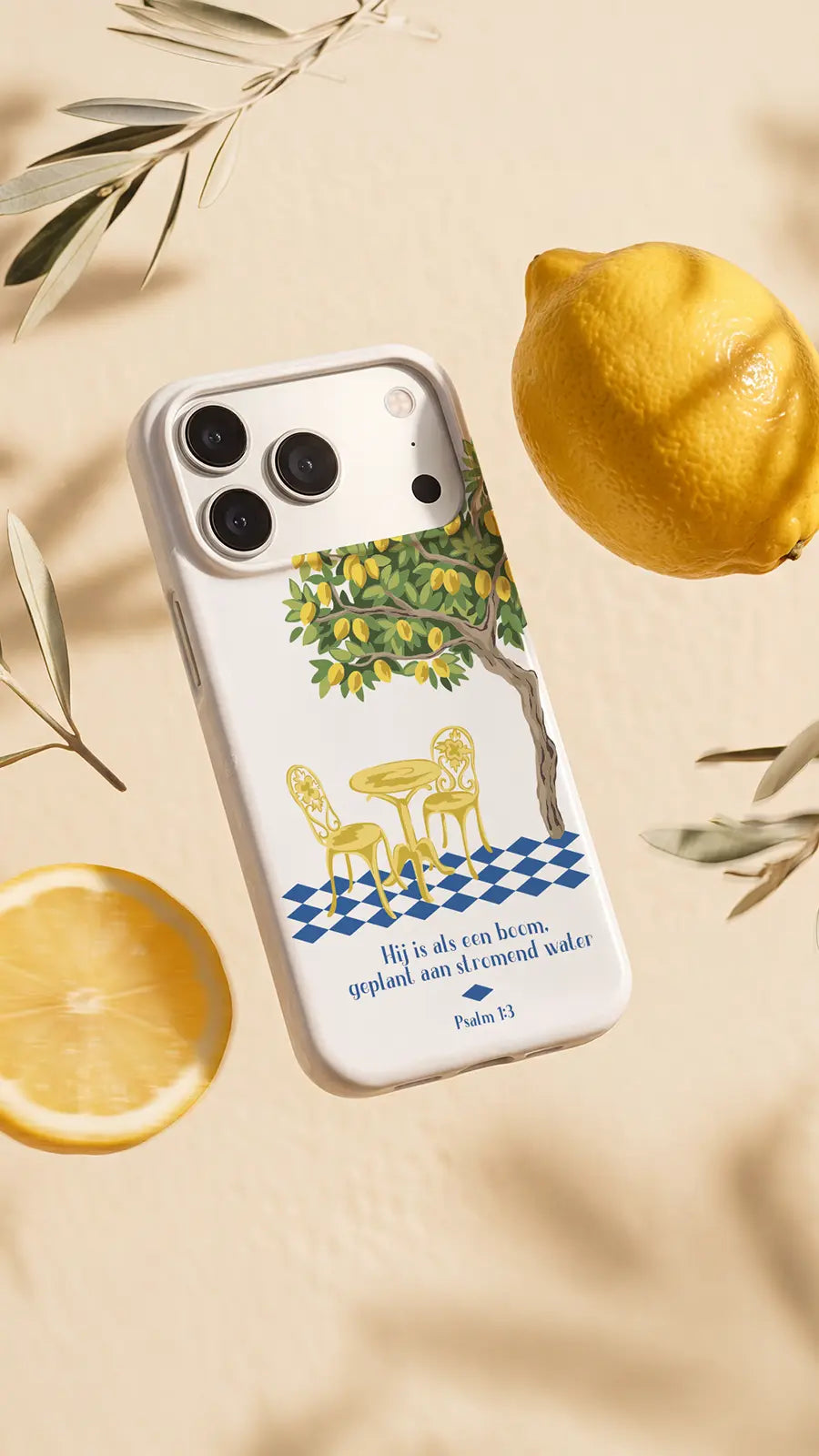 Christelijk telefoonhoesje met citroenboom en Psalm 1:3 tussen citroenen en olijftakken