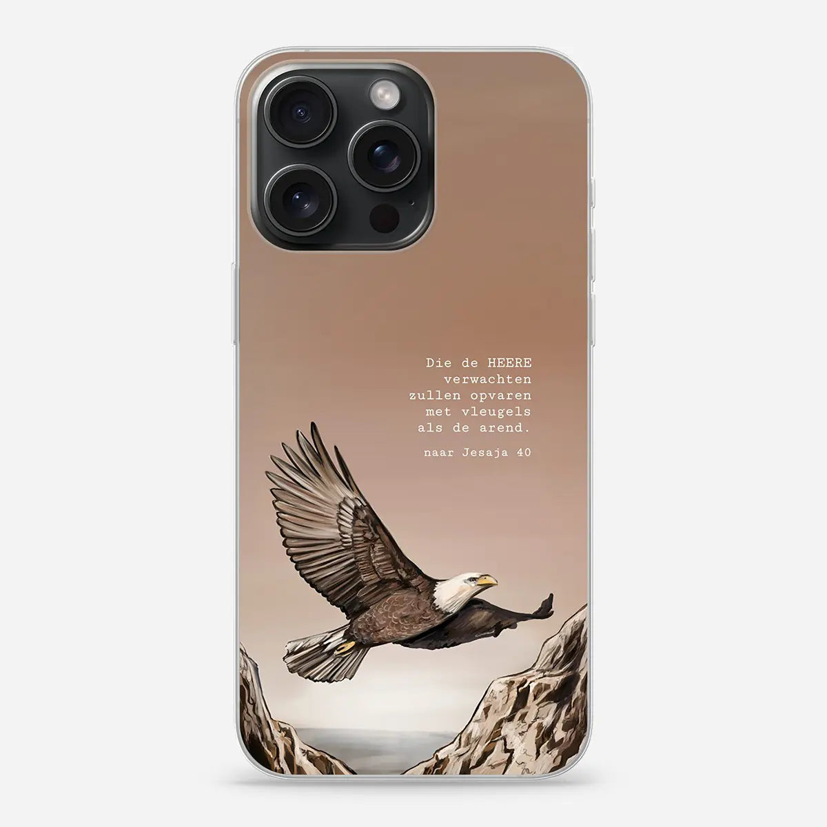 Christelijk telefoonhoesje van Art by Claudia met een arend vliegend tussen bergen en de tekst uit Jesaja 40.