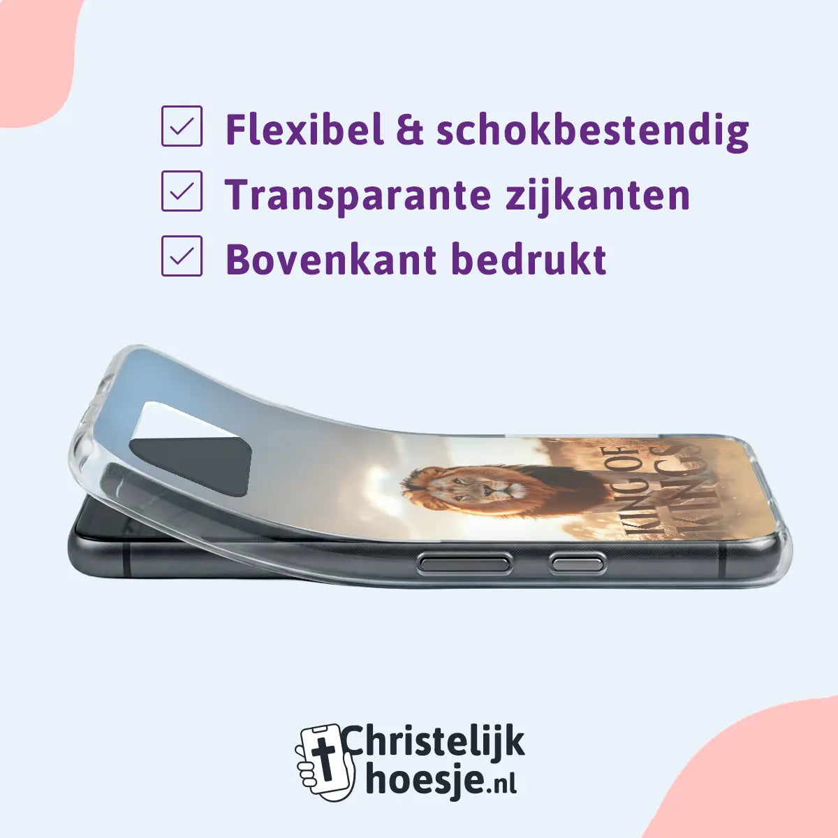King of Kings christelijk telefoonhoesje softcase met transparante zijkanten, schokbestendig en bedrukt design