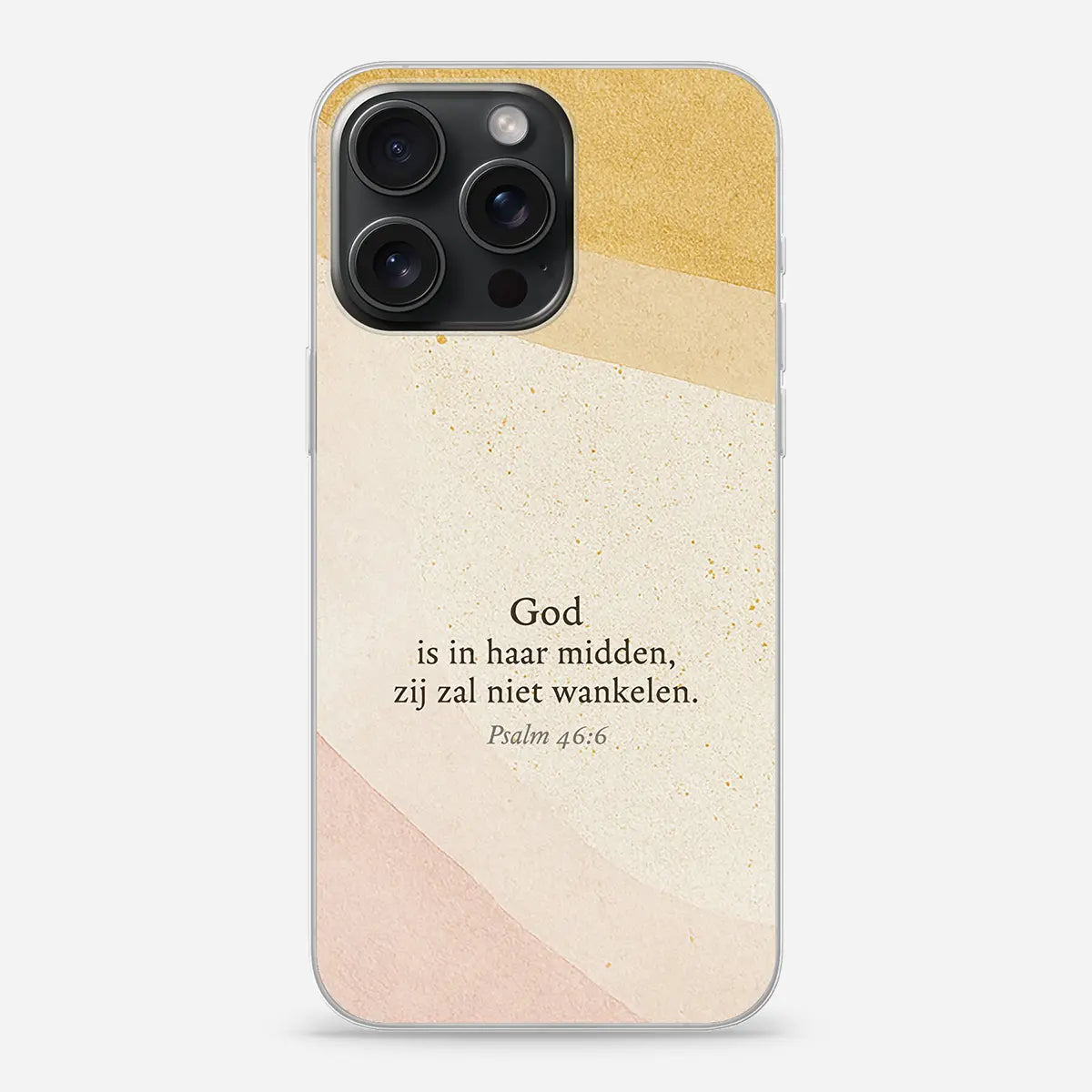 Christelijk softcase telefoonhoesje met de Bijbeltekst Psalm 46:6 in rustige aardetinten en minimalistisch design.