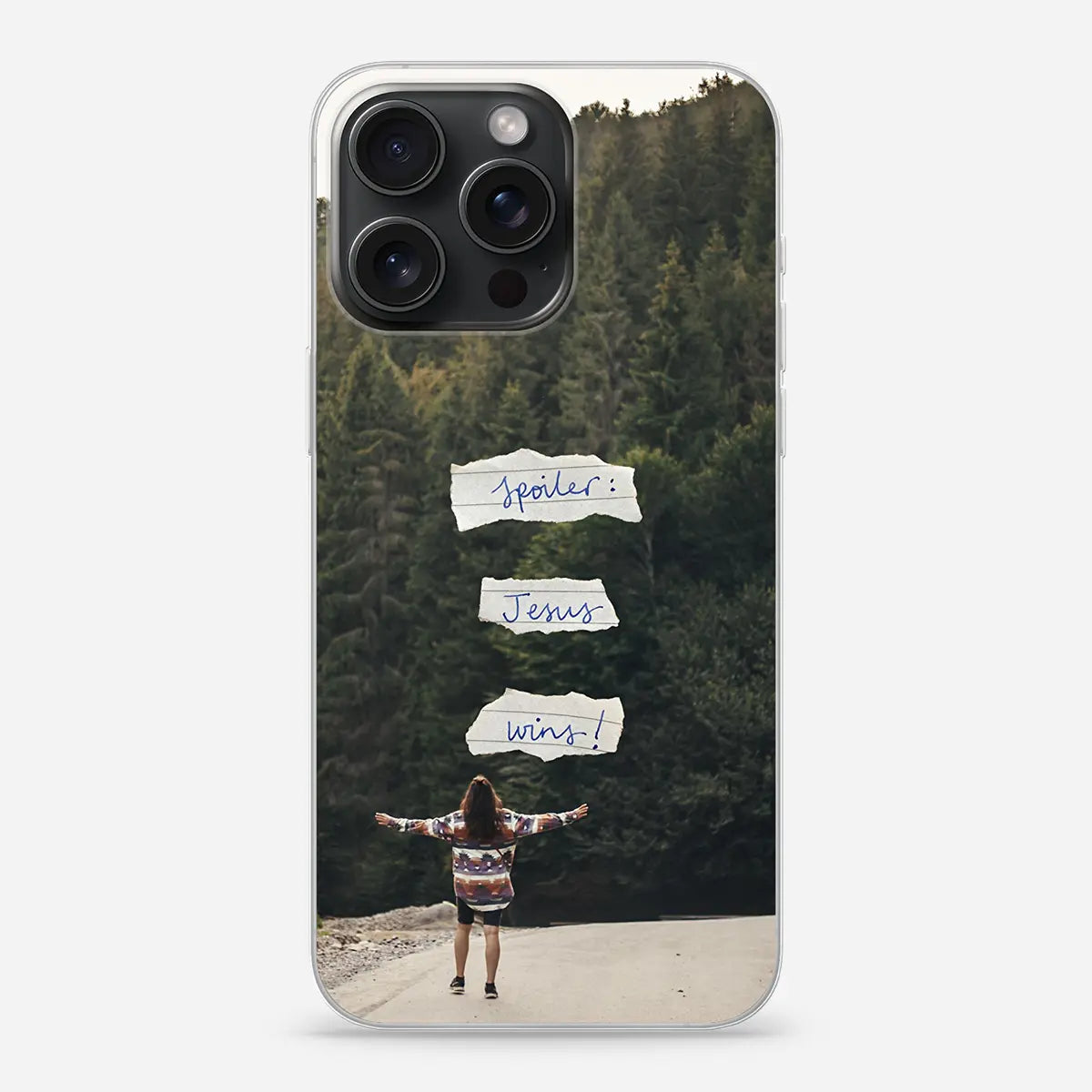 Christelijk softcase telefoonhoesje met de tekst Spoiler Jesus wins!