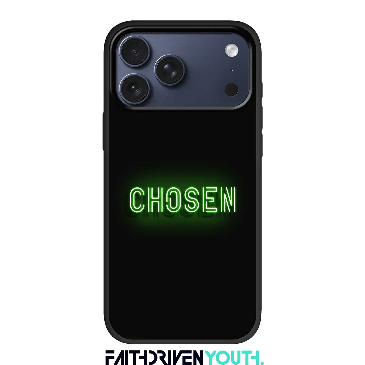 Christelijk telefoonhoesje CHOSEN met neon-groene tekst op donkere achtergrond – modern design voor jongeren.