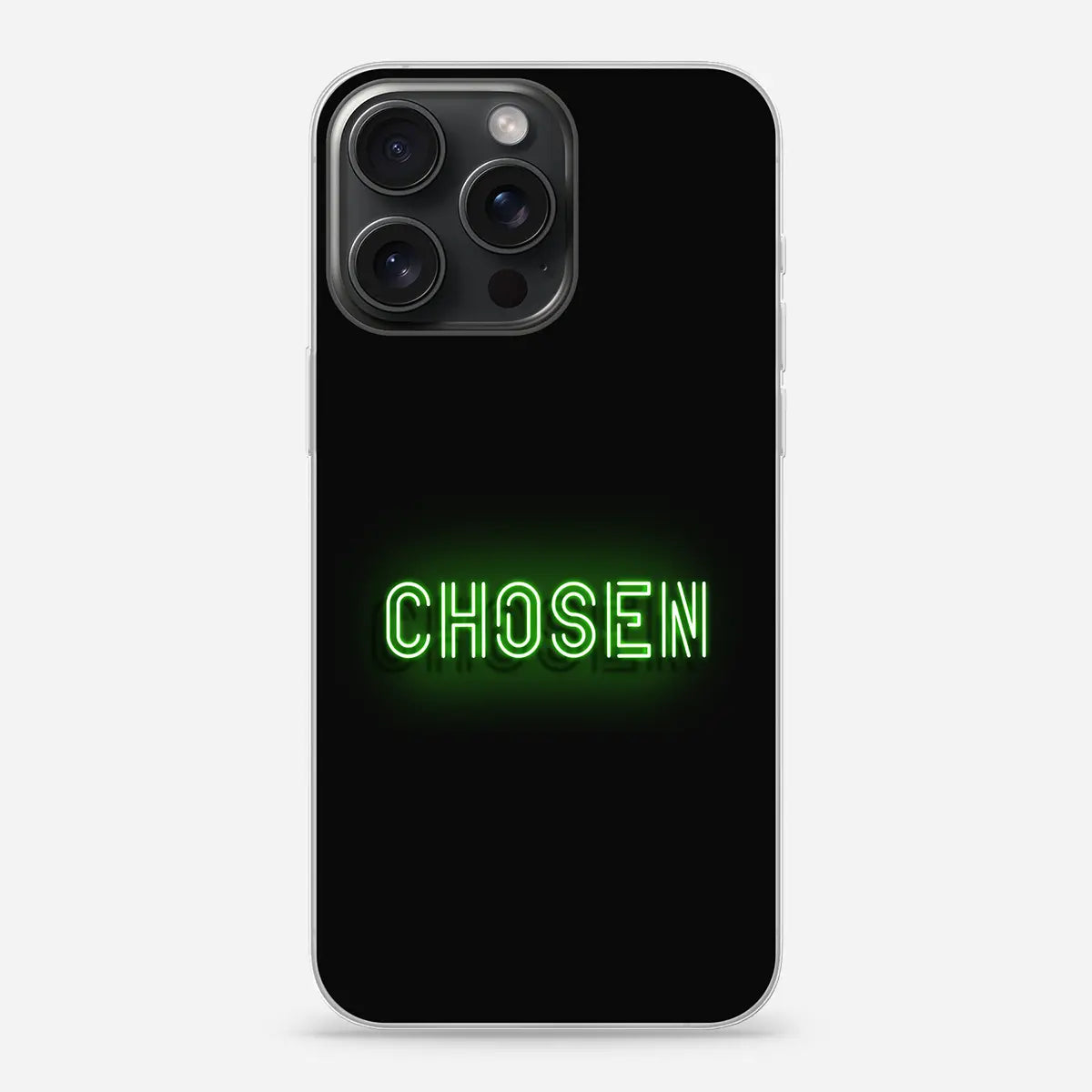 CHOSEN telefoonhoesje softcase met neon-groene tekst op donkere achtergrond – modern christelijk design voor jongeren.