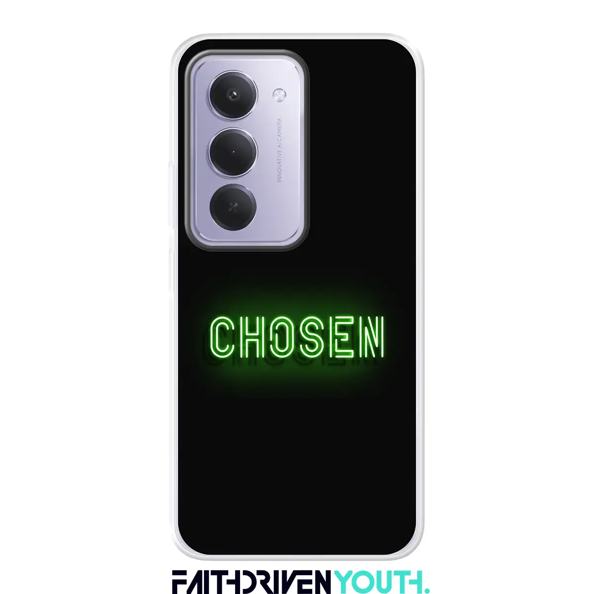 CHOSEN telefoonhoesje softcase met neon-groene tekst op donkere achtergrond – modern christelijk design voor jongeren.