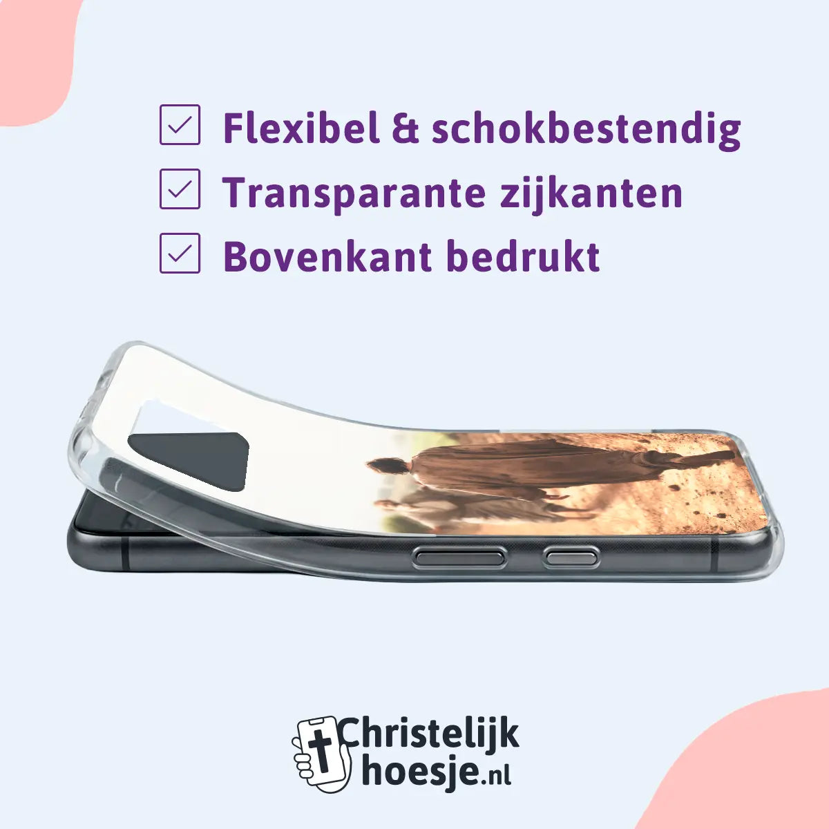 Christelijk telefoonhoesje softcase met tekst “De Verloren Zoon”, transparante zijkanten en schokbestendige bescherming