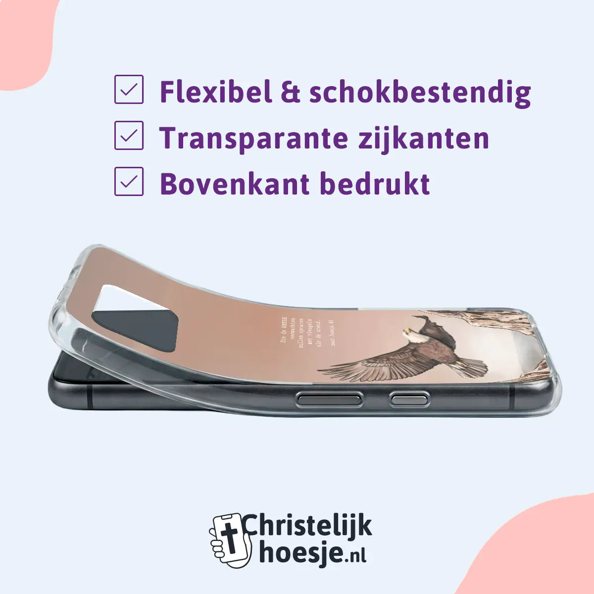 Christelijk telefoonhoesje softcase met tekst “Die de Heere verwachten”, transparante zijkanten en schokbestendige bescherming