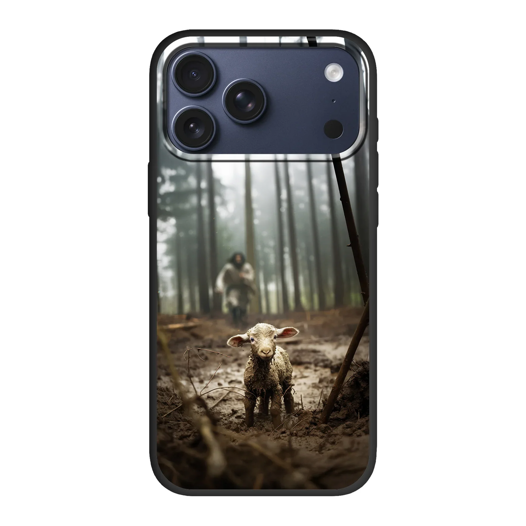 Duurzaam eco-telefoonhoesje met Jezus en het verloren schaap – milieuvriendelijke bescherming met een diepe boodschap.