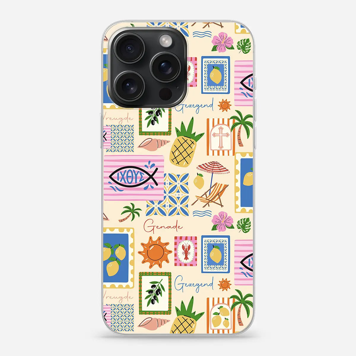 Christelijk softcase hoesje Gezegend en Genade – kleurrijk zomers patchwork design met ichtussymbool en kruis