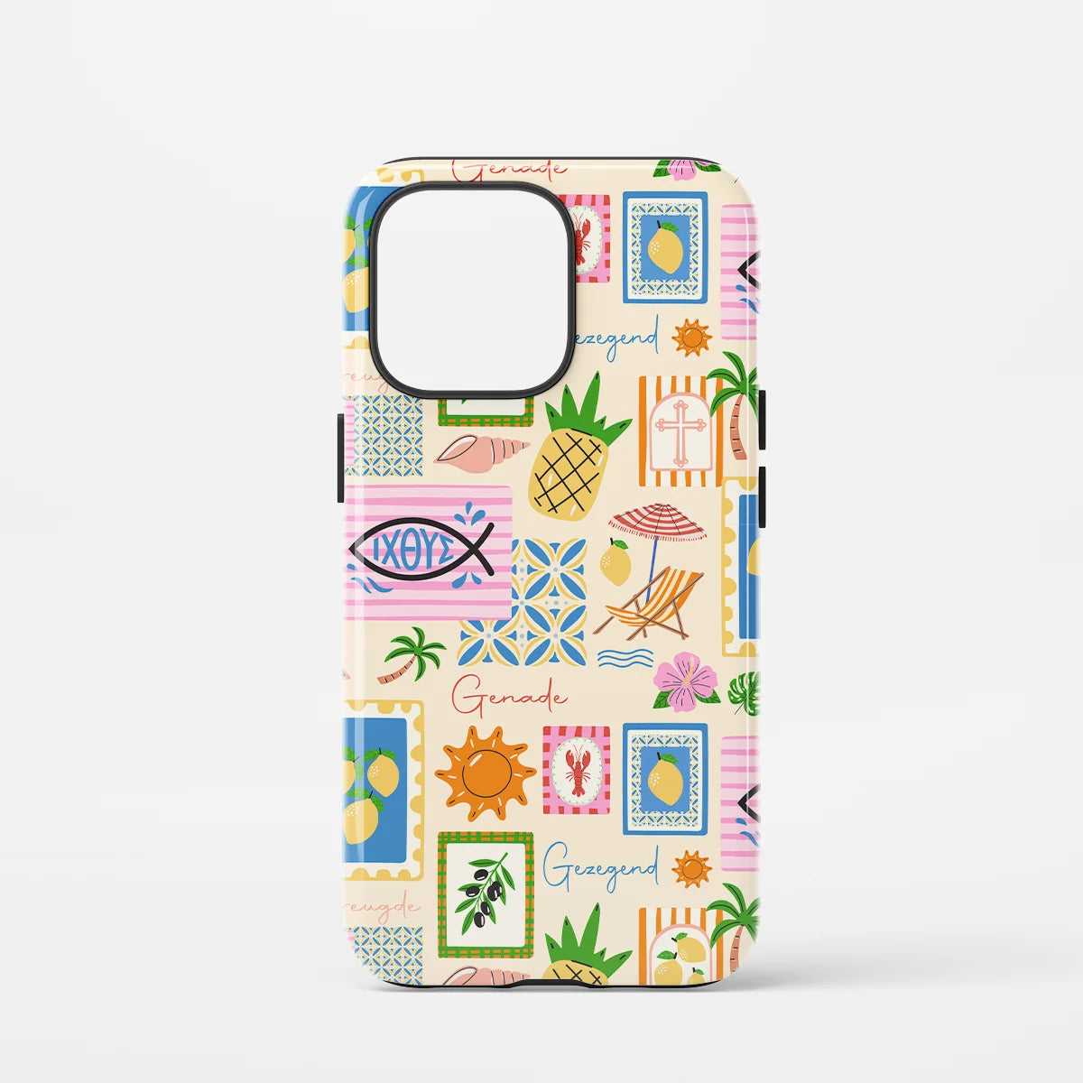 Christelijk toughcase hoesje Gezegend en Genade – kleurrijk zomers patchwork design met ichtussymbool en kruis