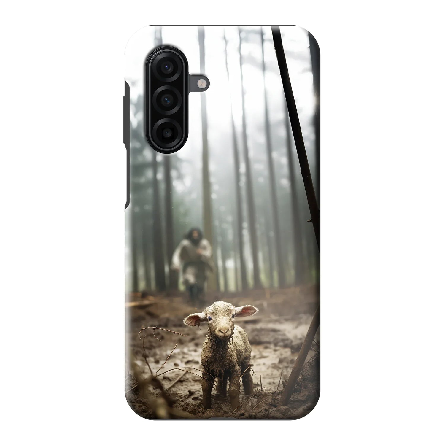 Hardcase telefoonhoesje met afbeelding van Jezus en het verloren schaap – krachtig symbool van Gods trouw en liefde.