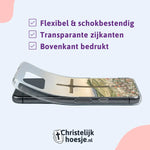 Christelijk telefoonhoesje softcase met kruis en tekst “Het kruis – een teken van hoop”, transparante zijkanten en schokbestendige bescherming