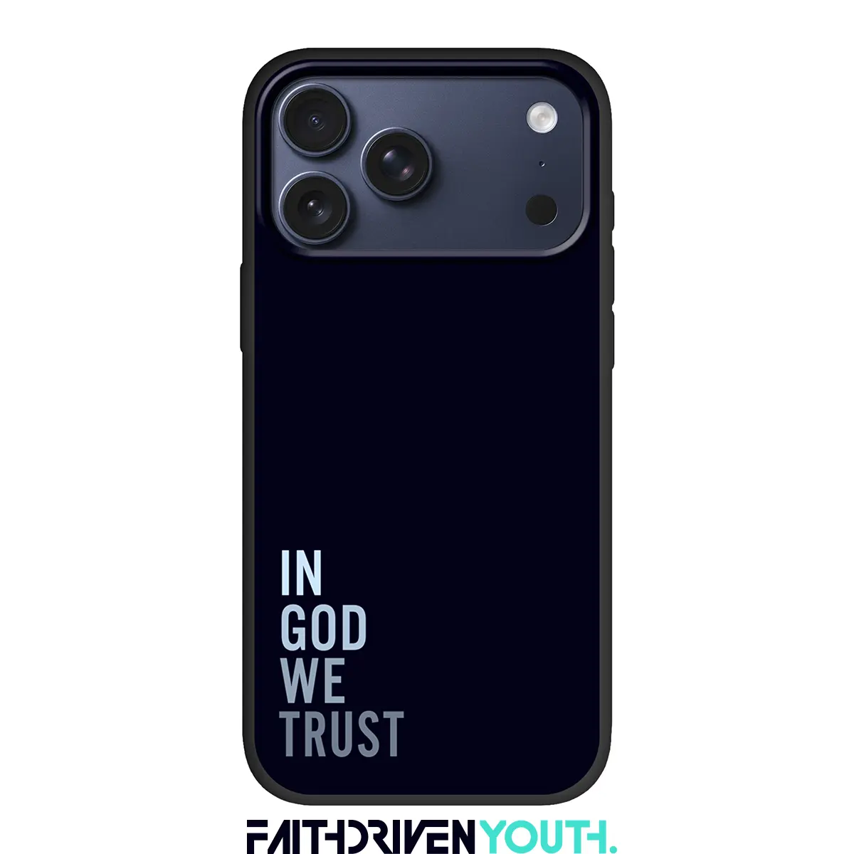 IN GOD WE TRUST Eco telefoonhoesje – duurzaam christelijk design uit de Faithdriven Youth-serie, ijsblauwe tekst op donkere achtergrond