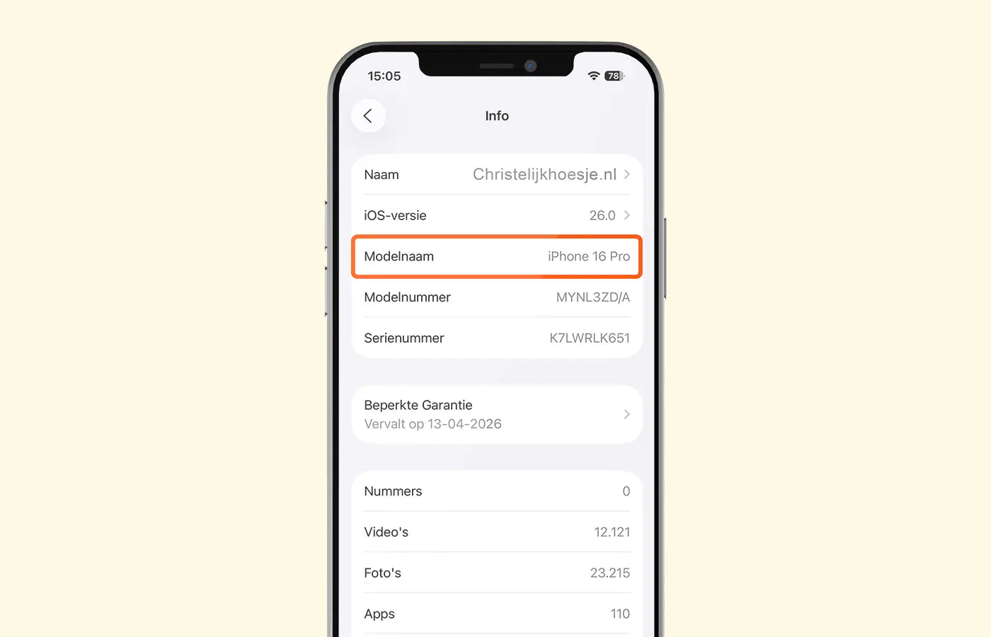 Weergeven van het modelnaam onder info in de iPhone-instellingen