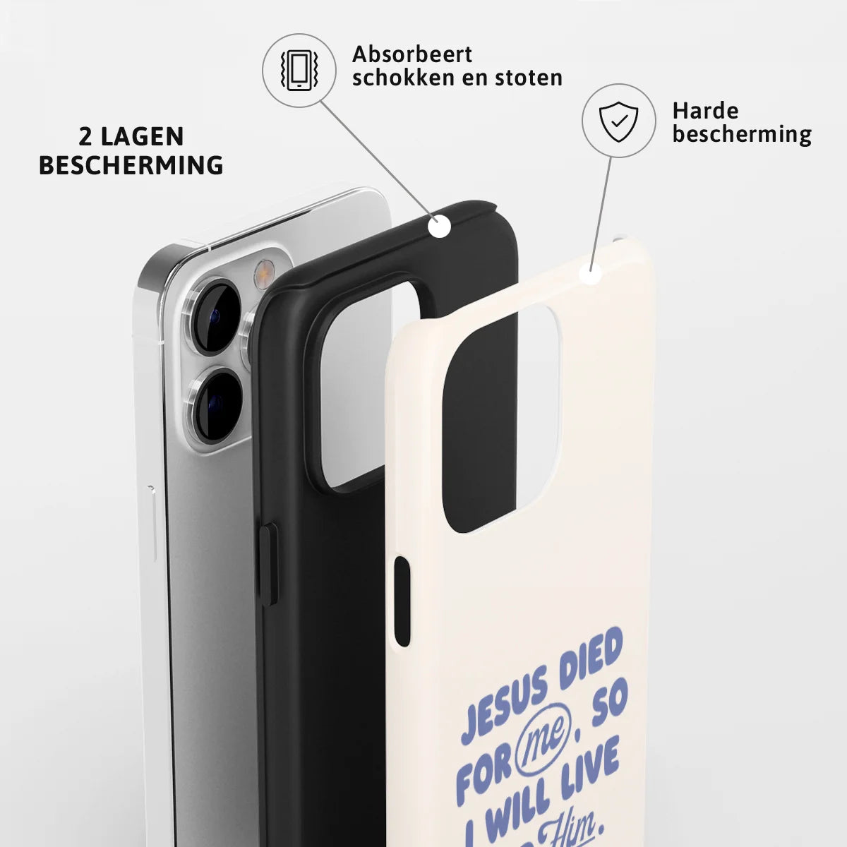 Christelijk toughcase telefoonhoesje ‘Jesus died for me so I will live for Him’ met 2 lagen bescherming en schokabsorberende harde bescherming