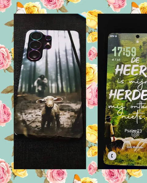 Hoesje Jezus en het verloren schaap naast een telefoonscherm met de wallpaper De Heere is mijn Herder, Psalm 23
