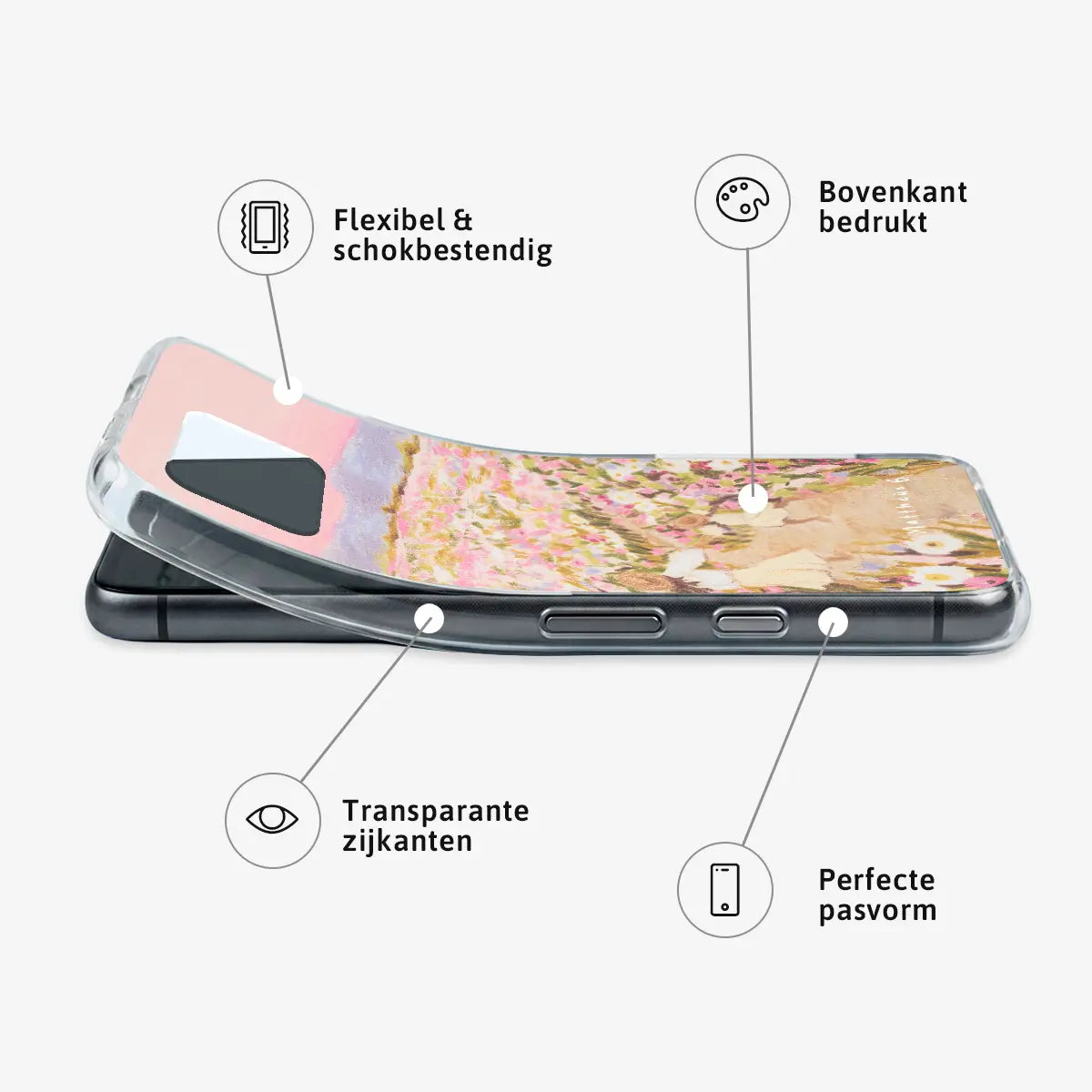 Christelijk softcase telefoonhoesje met Mattheüs 6 ‘Kijk naar de bloemen’, flexibel ontwerp met transparante zijkanten en bedrukte achterkant