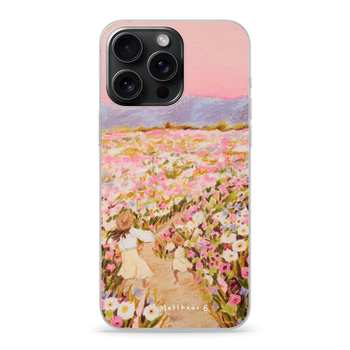 Christelijk softcase telefoonhoesje met volledig bedrukt Mattheüs 6 design en inspirerende tekst