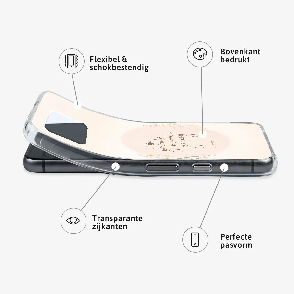 Softcase Mijn genade is voor u genoeg – flexibel hoesje met bloemenkrans op perzikkleurige achtergrond