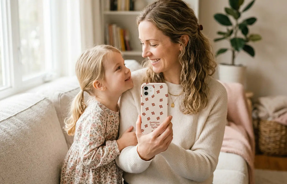 Moeder met kind poseren in warme lifestyle setting met christelijk telefoonhoesje met de tekst ‘Gedragen door Zijn liefde’, Moederdag thema