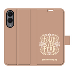 Christelijk portemonnee hoesje met de tekst “Faith over Fear”, gebaseerd op Johannes 14:27 – praktisch ontwerp met ruimte voor pasjes en een bemoedigende boodschap.
