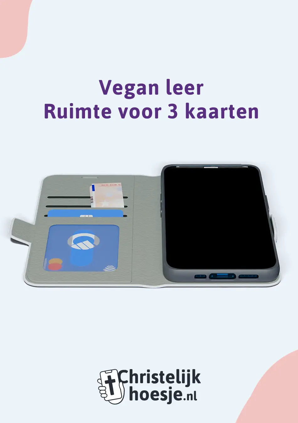 Portemonnee-hoesje van vegan leer met ruimte voor 3 kaarten, volledig bedrukt en perfecte pasvorm voor je telefoon.